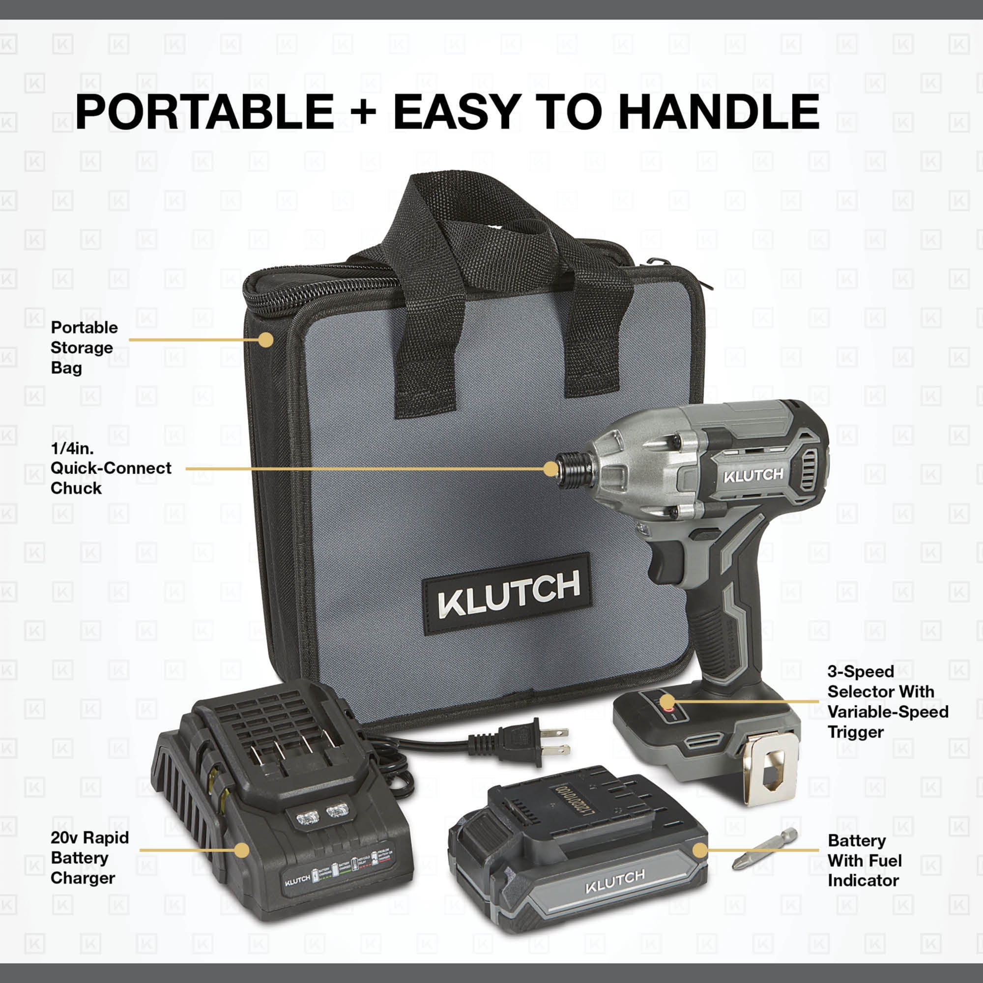 Klutch 1/4in. Impact Driver Kit, KLiQ 20V, 200 Ft./Lbs. Breakaway Torque, Brushless, Cordless, 2.0Ah