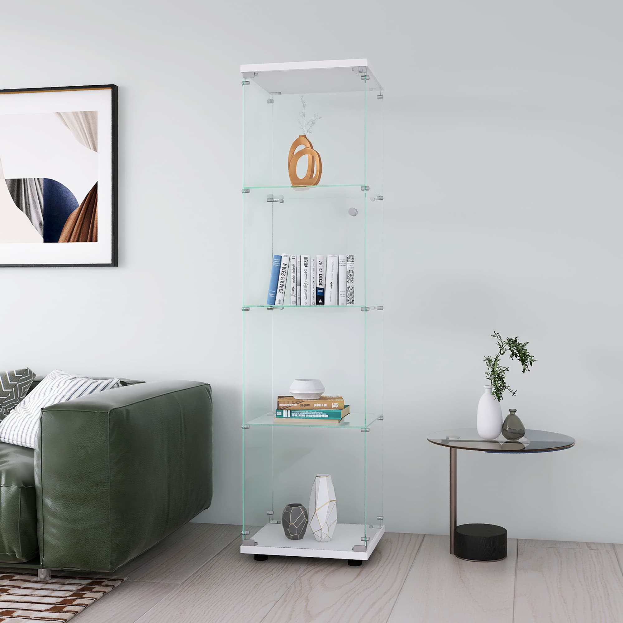 MAYEERTY Glass Display Cabinet 4 Shelves with Door, Floor Standing Bookshelf for Bedroom Office, White, 64.7"×16.7"×14.3"