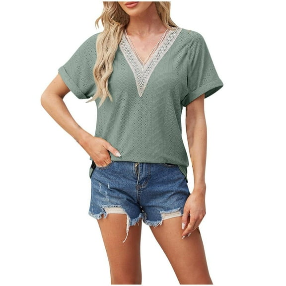 VERUGU Womens Tops Short Sleeve V-Neck Folded Cuffs Shirts Summer Trendy Knit Neckline Solid T Shirts Loose Casual Blouses for Leggings Green M