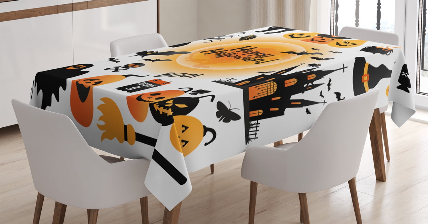 Halloween Decorations Tablecloth, All Hallows Day Objects Haunted House