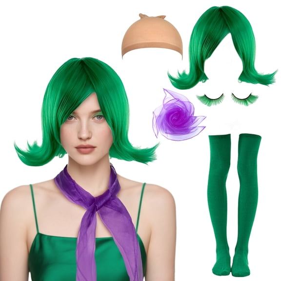BUXULYP Women Green Costume Wig Anime Short Flip Green Cosplay Wigs Set with Scarves, Stockings, and False Eyelashes