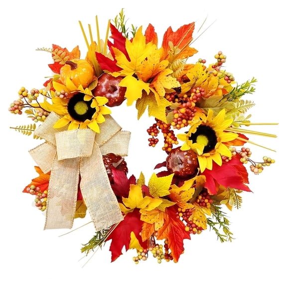 Fall Wreath,Pumpkin and Sunflowers Harvest Wreaths 18inch Autumn Welcome Sign Wreaths for Front Porch Thanksgiven Home Decor