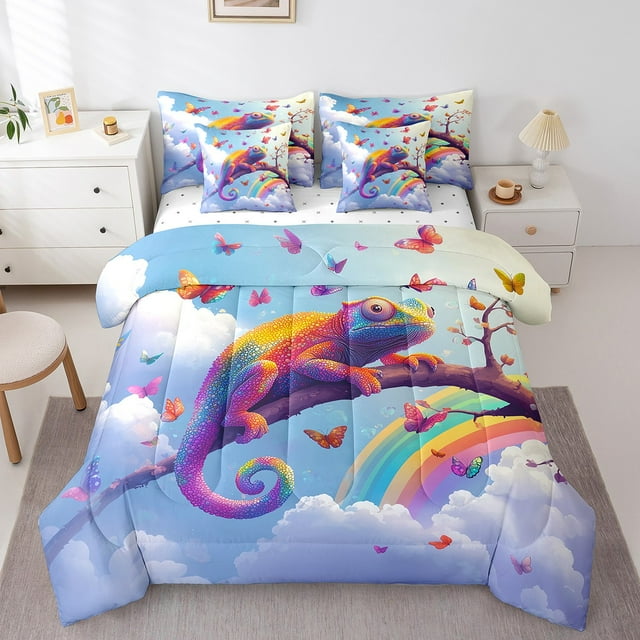YST Ensemble de Literie Arc-en-Ciel Lizard 7 Pcs Lizard Butterfly Coloré Ensemble de Couette Simple avec Draps pour Garçons Filles Enfants Reptile Faune Lit en Sac Ensemble de Lit Réversible, Bleu Jaune Marron