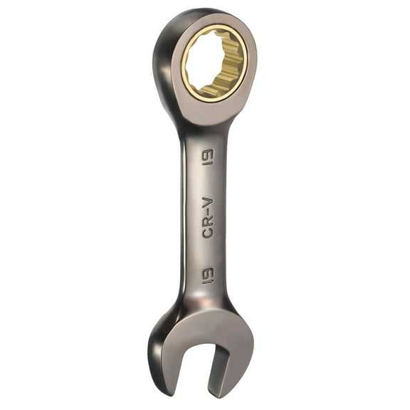 Stubby Ratcheting Wrench 19mm Metric Box and Open End Cr-Mo Steel 12-Point 72-Teeth Geared Combination Wrench Spanner for Home Auto Repair Machine Maintenance