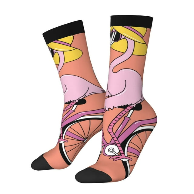 Fotbe Flamingo Riding a Bicycle Pattern Long Socks for Men & Women – Breathable & Stretchy Compression Socks, Ideal for Running, Travel, and Everyday Wear Size 5-11
