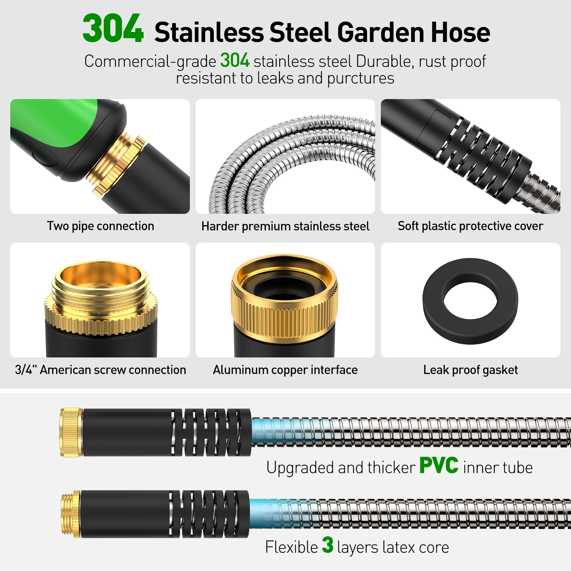 50ft Garden Hose, Metal Stainless Steel Water Hose w/ 10 Functional Nozzles & 3/4 inch Brass Fittings, Flexible, Kink&Tangle Free, Puncture Resistant, Heavy Duty Water Pipe for Yard&Outdoor(Sliver)