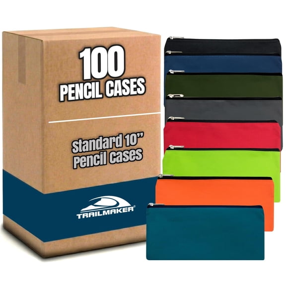 100 Pack of Bulk Wholesale Solid Color Zippered Pencil Cases for Pens, Pencils, Markers, Crayons, Writing and Stationary Supplies in 8 Assorted Colors