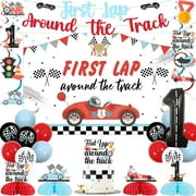 Race Car 1st Birthday Party Decorations Boy, First Lap Around the Track Decor Backdrop Banner Cake Topper Honeycomb Centerpiece Hanging Swirls Red Blue 1 Foil Balloon for Fast One Birthday