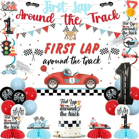 Race Car 1st Birthday Party Decorations Boy, First Lap Around the Track Decor Backdrop Banner Cake Topper Honeycomb Centerpiece Hanging Swirls Red Blue 1 Foil Balloon for Fast One Birthday