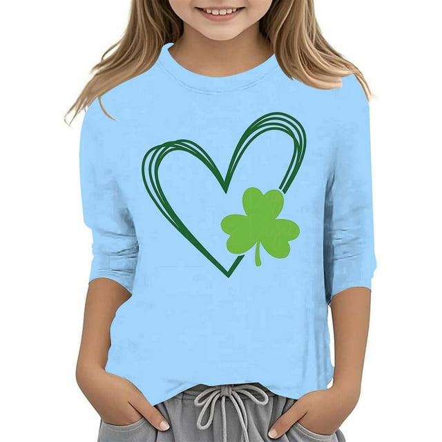 GPOECD T-Shirt de Jour pour Filles Graphique à la Mode Polyvalent Col Rond Manches 3/4 Décontracté Confortable Hauts pour Filles Bleu Clair,120