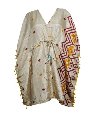 Mogul Women's Beige Caftan V-Neck Summer Fashion Beach Bikini Cover Up Pom Pom Style Tunic Dress Kaftan S/M/L
