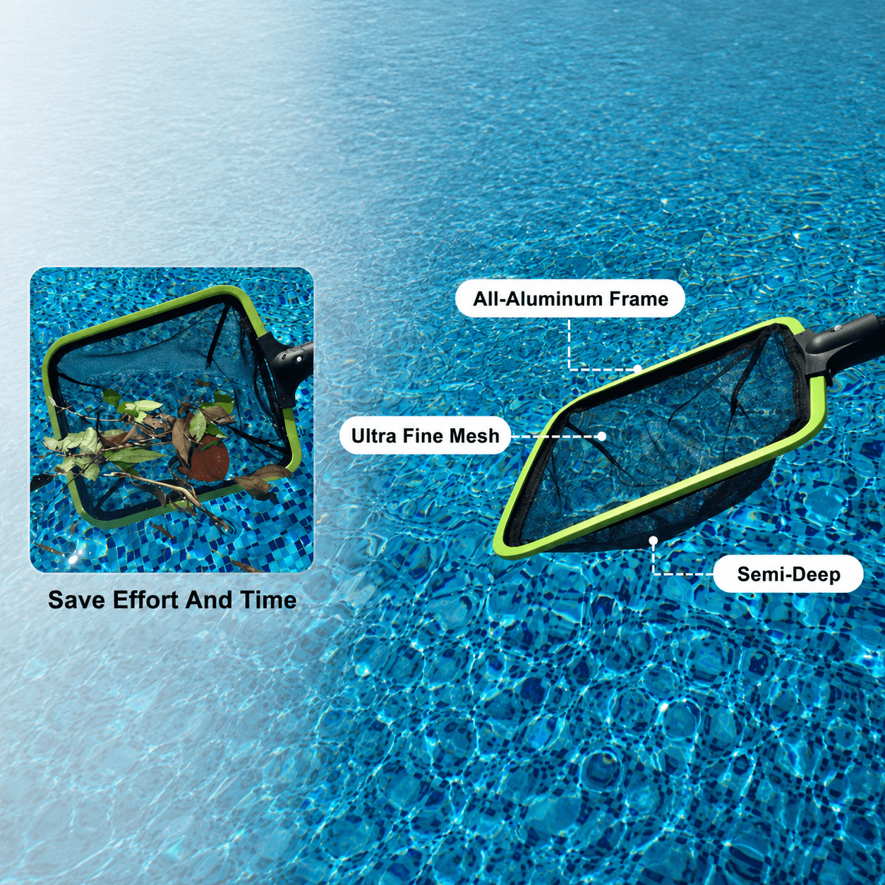 WaterJingle 4-Piece Pool Cleaning Kit with Skimmer Net, Leaf Rake & 90 Degree Brush