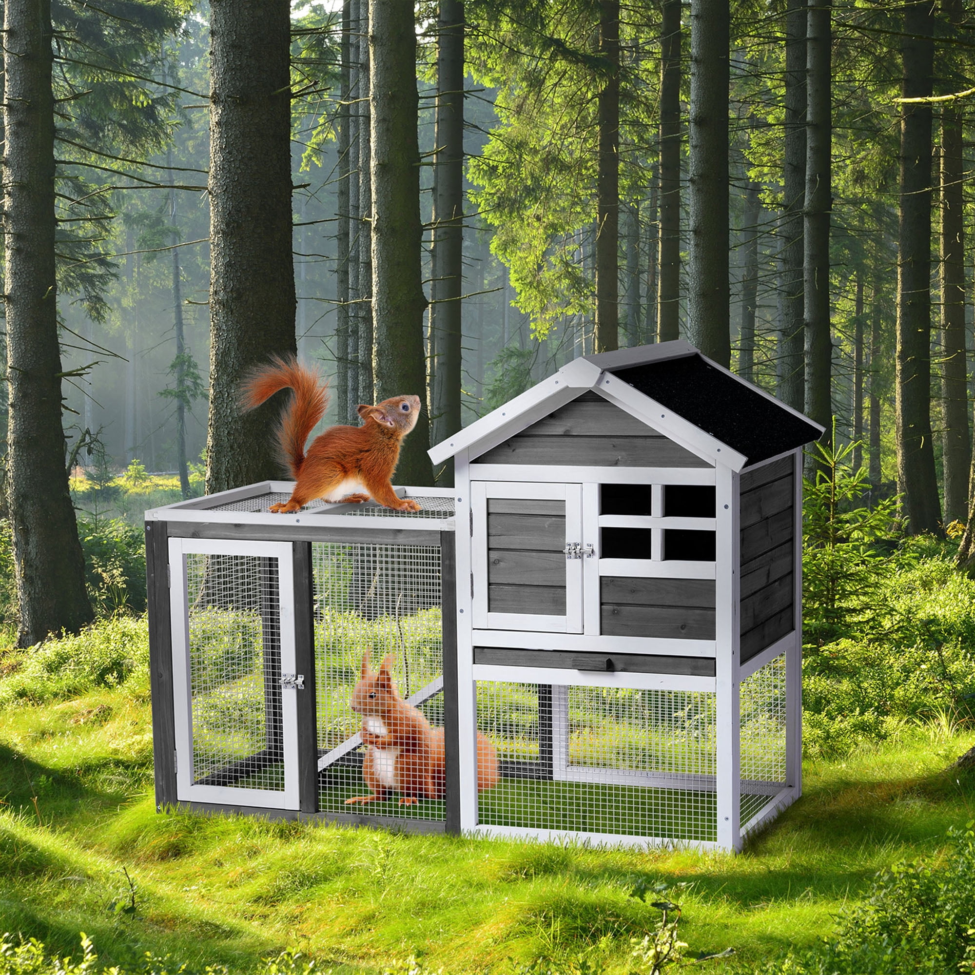 Pefilos 46" Wood Rabbit Hutch for Outdoor, Large Rabbit Cages for Indoor with Run Small Animal House Chicken Coop, Gray