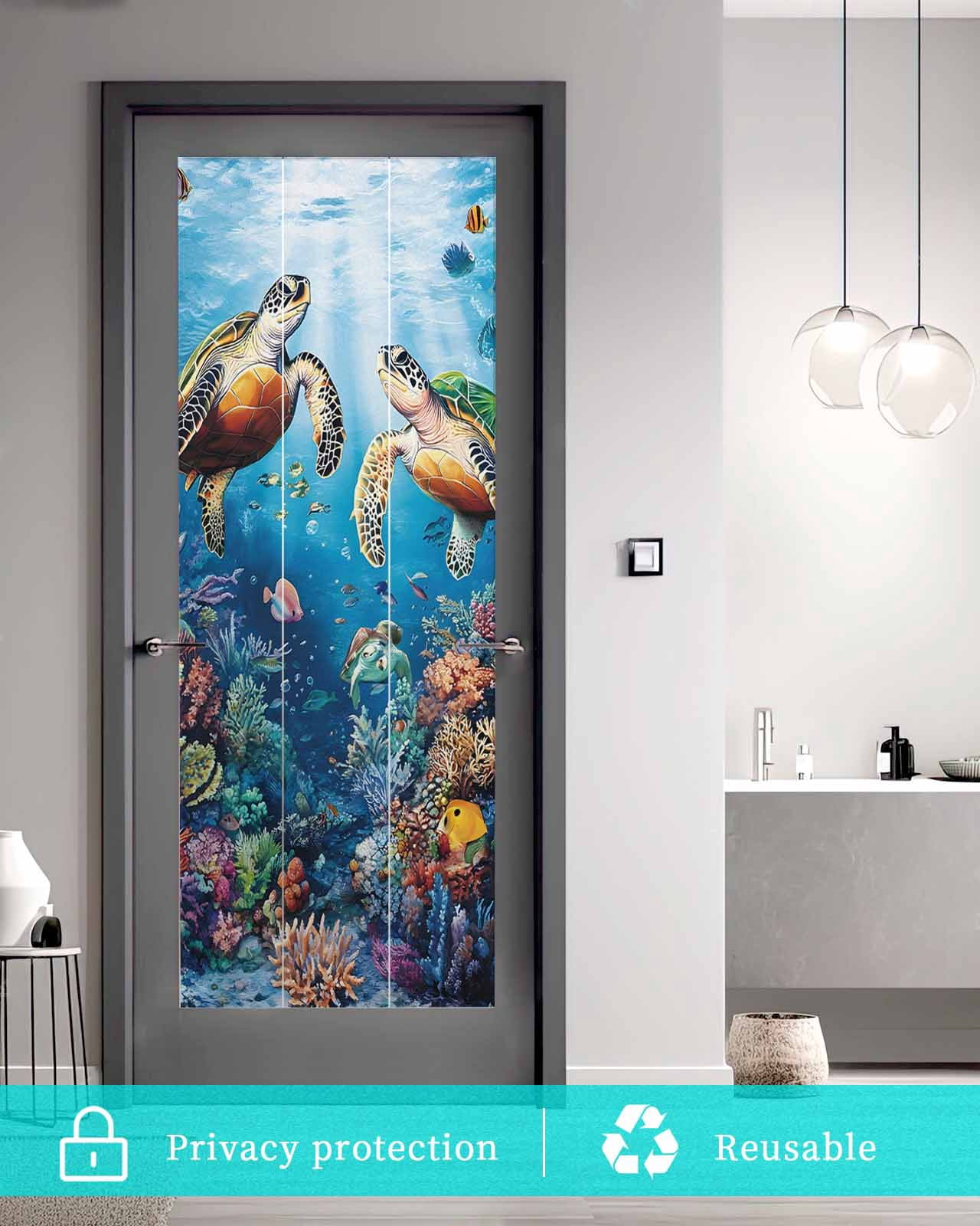 Window Privacy Film Ocean Turtle Stained Glass Window Film Decorative Sun Block Window Cover Sea Coral Underwater Animal Fish Blue Window Clings Static Adhesive Sticker for Bathroom 23.6"x59"