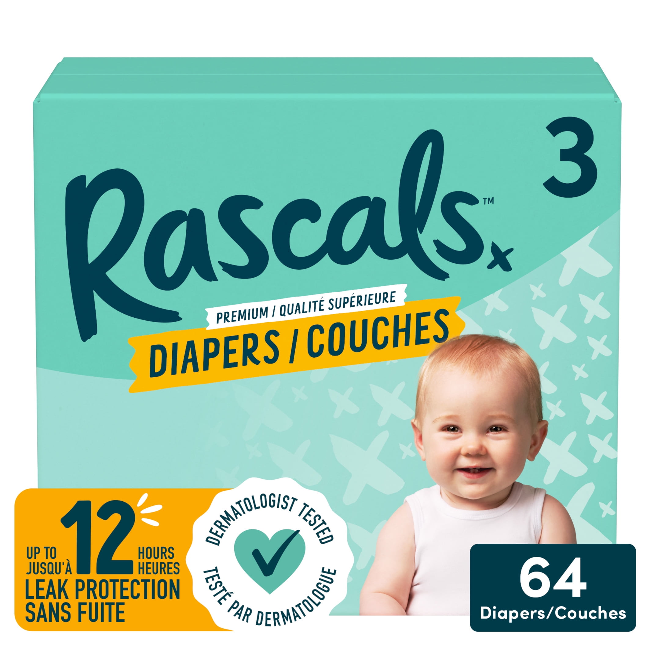 Rascals Premium Diapers, Size 3, Small Carton, 64 Count, Preemie to Size 7