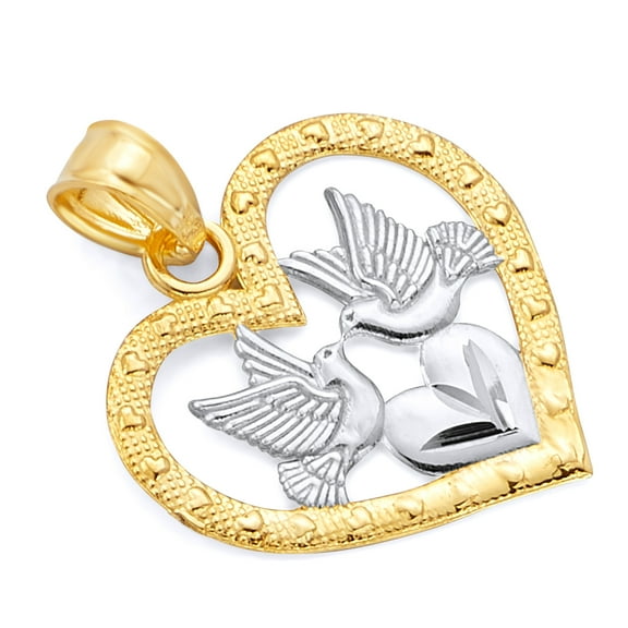 Wellingsale 14K Two 2 Tone White and Yellow Gold Polished Diamond Cut Heart Shaped Ornate Religious Flying Doves Pendant with Heart Accent