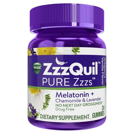 Vicks ZzzQuil PURE Zzzs Melatonin Natural Flavor Sleep Aid Gummies with Chamomile, Lavender, & Valerian Root, 1mg per gummy, 24