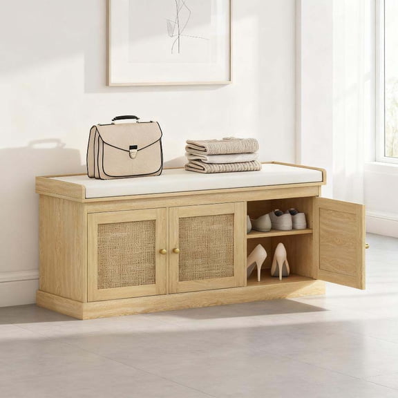 Indoor Storage Benches, Shoe Storage Bench with Woven Rattan Doors, Shoe Bench, Cream White,Oak Wooden Storage Benches,Foam,Linen,Mdf,Polyester Rattan Storage Benches