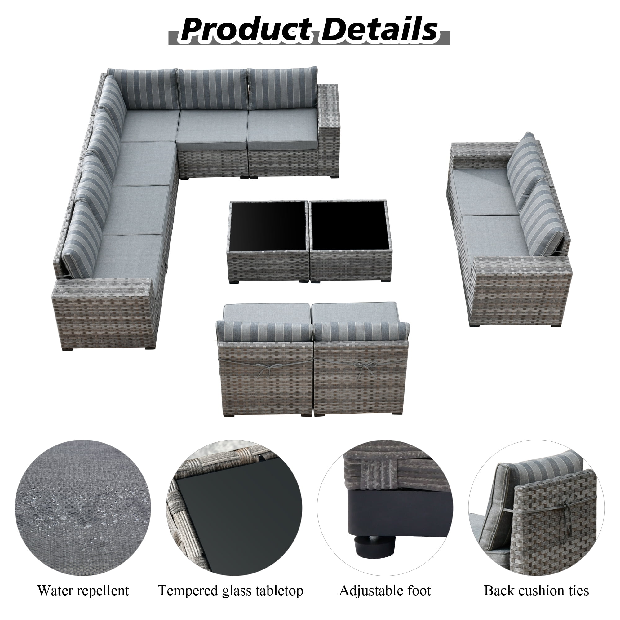 Ovios 12 Pieces Outdoor Furniture All Weather Wicker Patio Conversation Sectional Sofa Set with Side Table for Garden Backyard