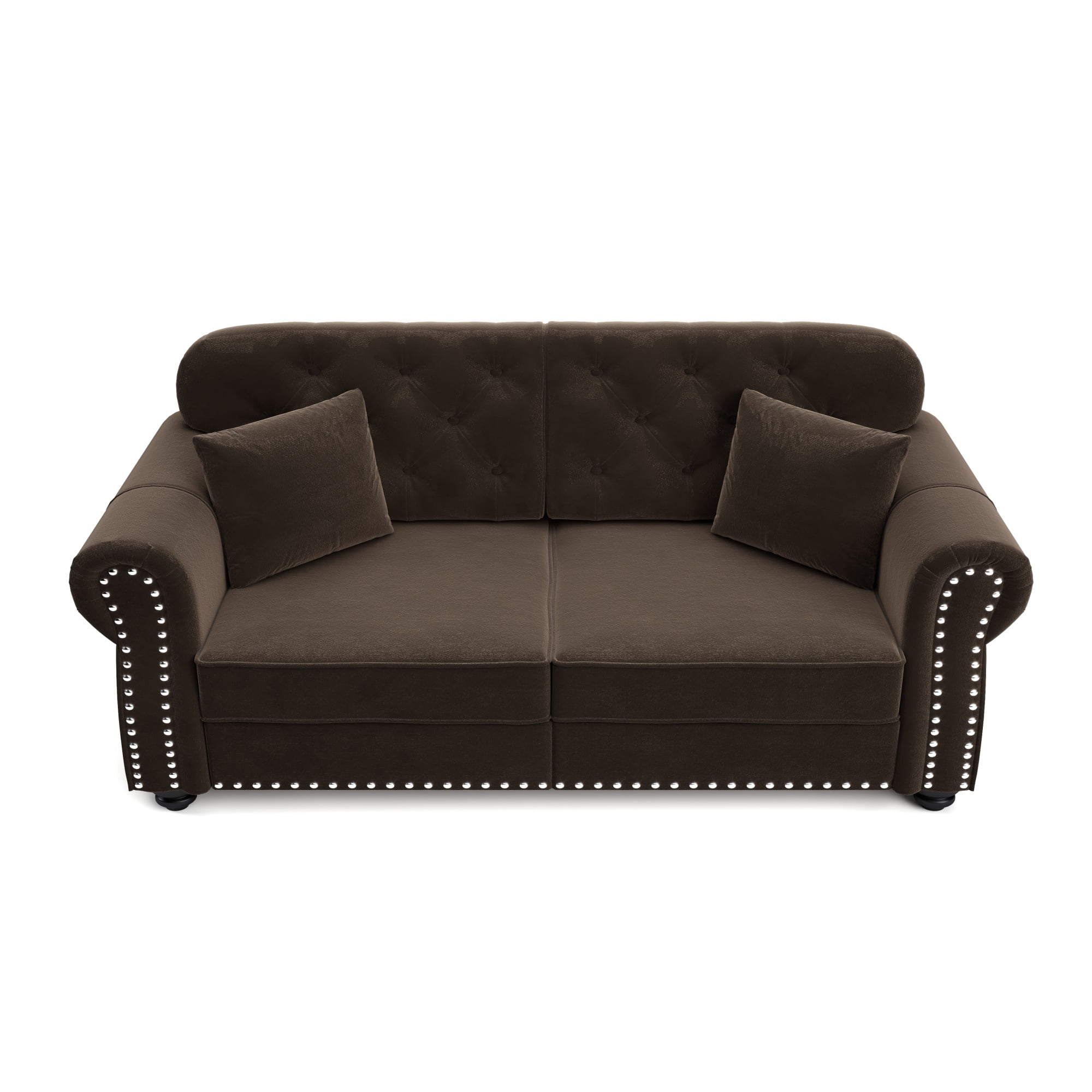 1PCS Upholstered Velvet Couch with Nailhead Trim, Mid-Century Modern Button Tufted Chesterfield Loveseat Sofa with 2 Pillows