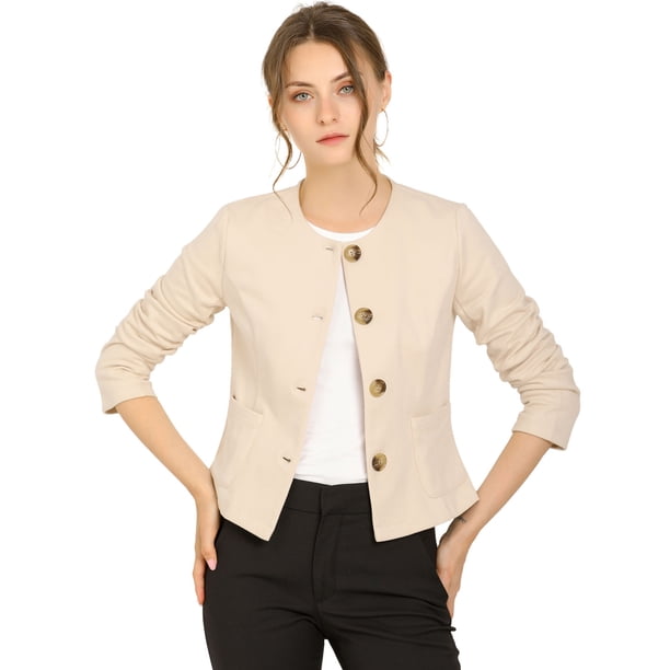 Chaqueta de Mujer Allegra K con Botones Cortos Ligeros Vintage de Otoño con bolsillos Beige S
