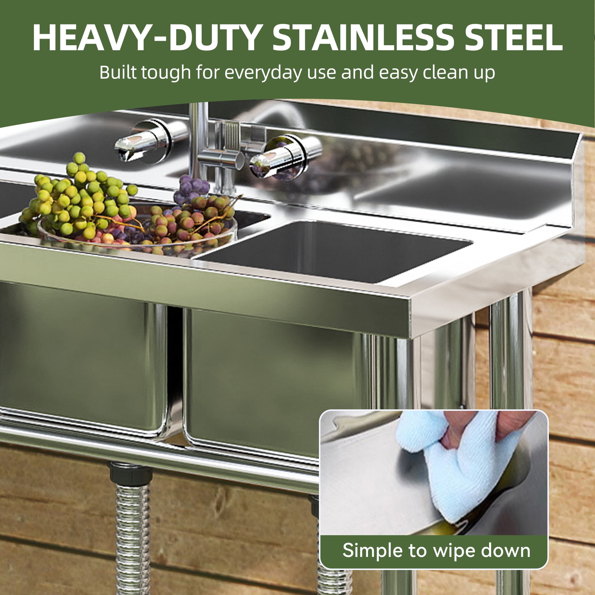 Uforic Stainless Steel Utility Sink, 3 Compartment Commercial Sink for Kitchen, Restaurant, Laundry, Garage