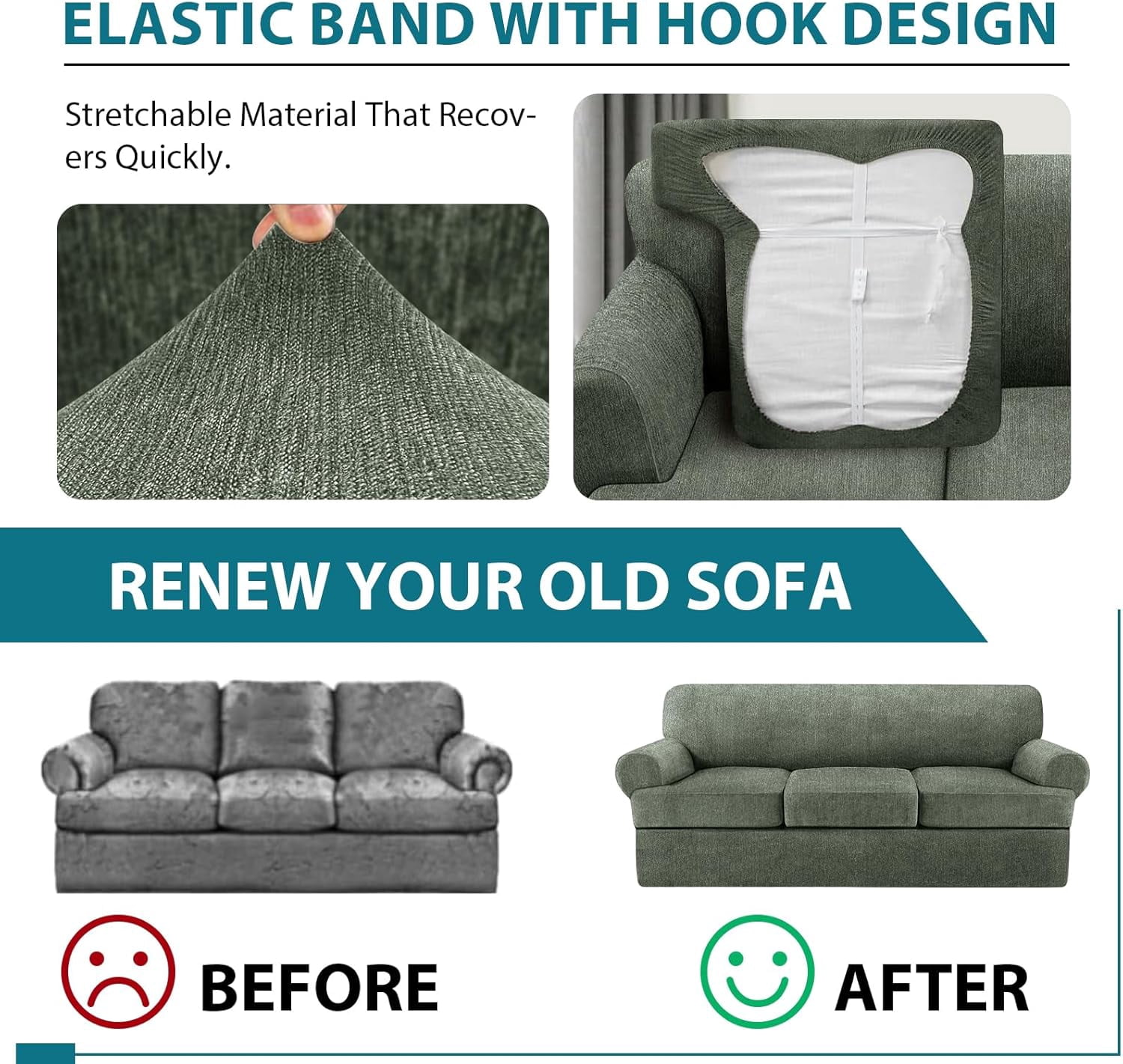 4 Piece T Cushion Sofa Slipcovers Stretch Couch Cover Furniture Covers with 3 Individual T Cushion Covers, Machine Washable for Living Room (Island Fossi, 3 Cushions)