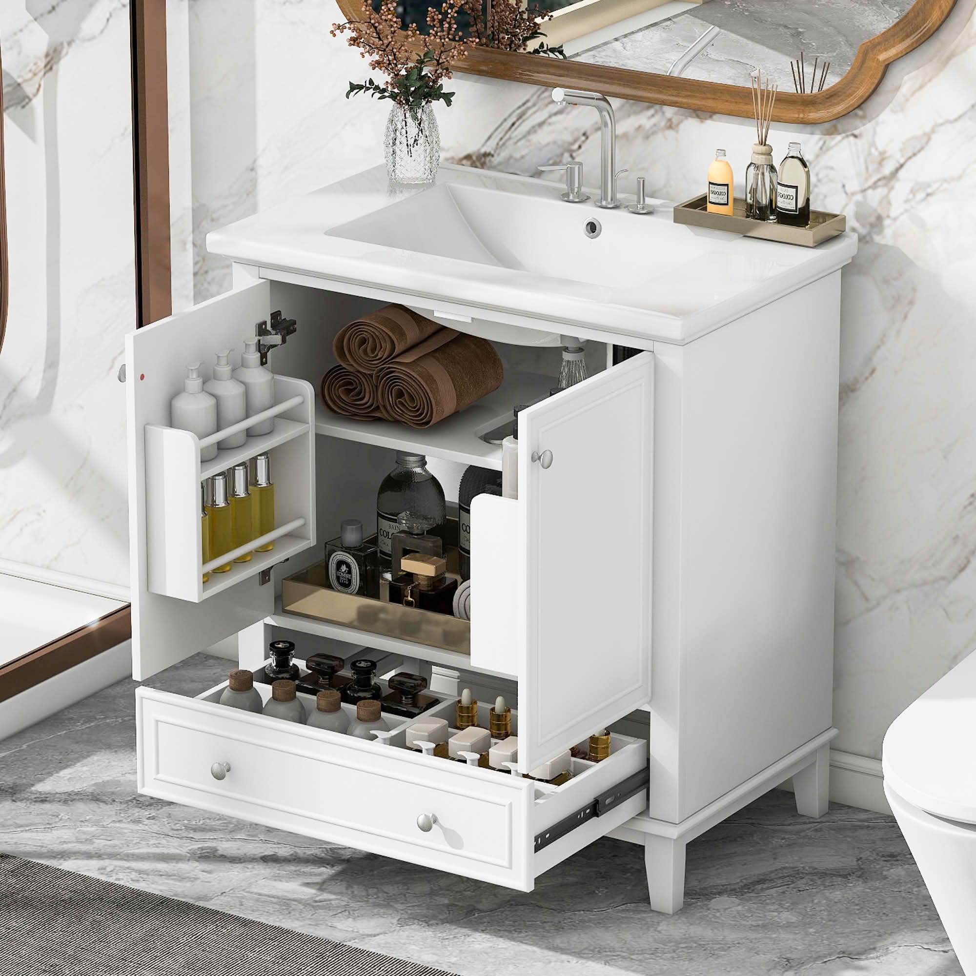MAYEERTY 30" Bathroom Vanity with Sink Multi-functional Cabinet Doors Drawer Solid Frame MDF White