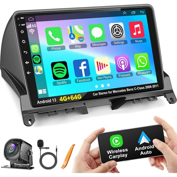 4G 64G Android 13 Car Radio Stereo with Wireless Carplay Android auto for Mercedes Benz C-Class C180 C200 C230 C250 C300 C350 W204 S204 2006-2011, 9'' Touch Screen GPS WiFi 8 Core Head Unit
