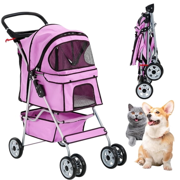 XF XINFENG Pet Stroller, 4 Wheel Portable Foldable Cat Dog Stroller Travel Carrier for Small Medium Dogs & Cats, 33 lbs Capacity Jogger Stroller with Cup Holder & Storage Basket, Pink
