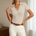 thumbnail image 2 of Daznico Women's Ribbed Knit V Neck Collared Short Sleeve Slim Fit Polo Top Casual Summer,M, 2 of 4