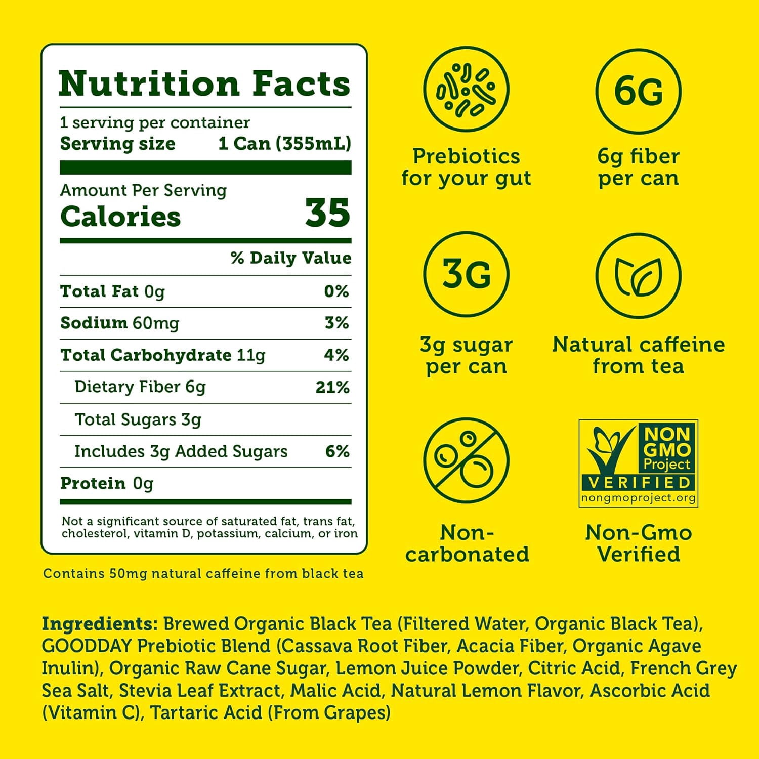 (5 pack) Halfday Prebiotic Lemon Iced Tea Drink, 6g Fiber, 12 fl oz Single Can