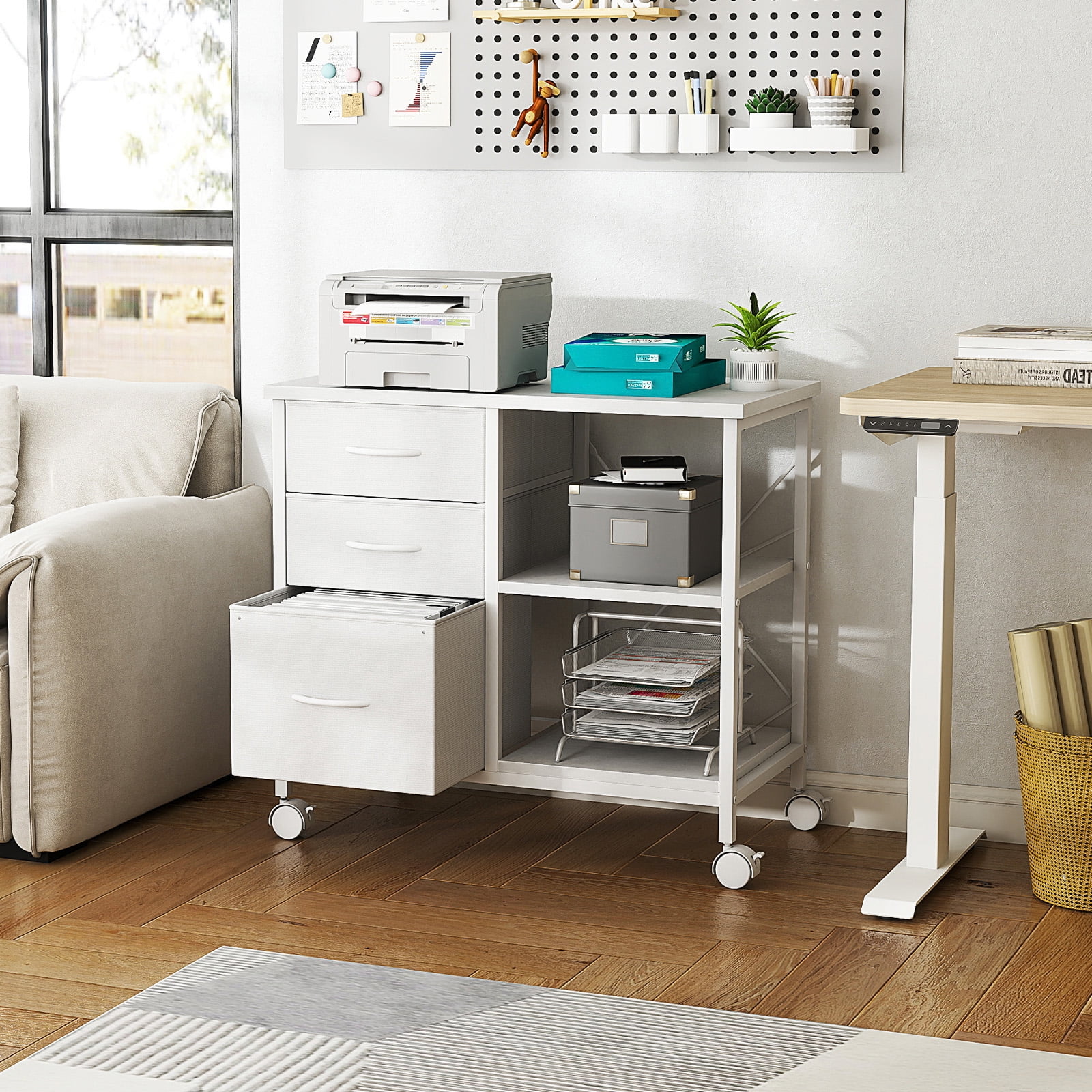CONCETTA 3-Drawer Rolling File Cabinet with Open Shelf, Fabric Filing Storage for Home Office,White