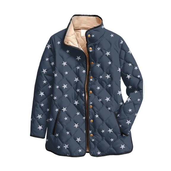 GrmtClth Womens Quilted Jacket Casual Floral Printed Button Down Puffer Jackets Soft Comfy Stand Collar Autumn Winter Padded Outfits Navy XXL