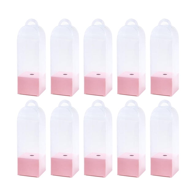 KLKCMS 10 Pieces Flower Gift Boxes Single Rose Flower Box Empty with Handle Transparent Pink