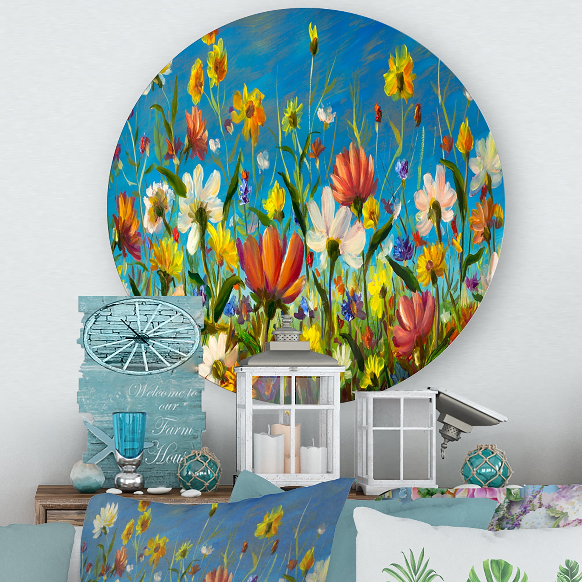 Designart 'Beautiful Field Flowers In Nature' Traditional Circle Metal Wall Art 11x11 - Disc of 11