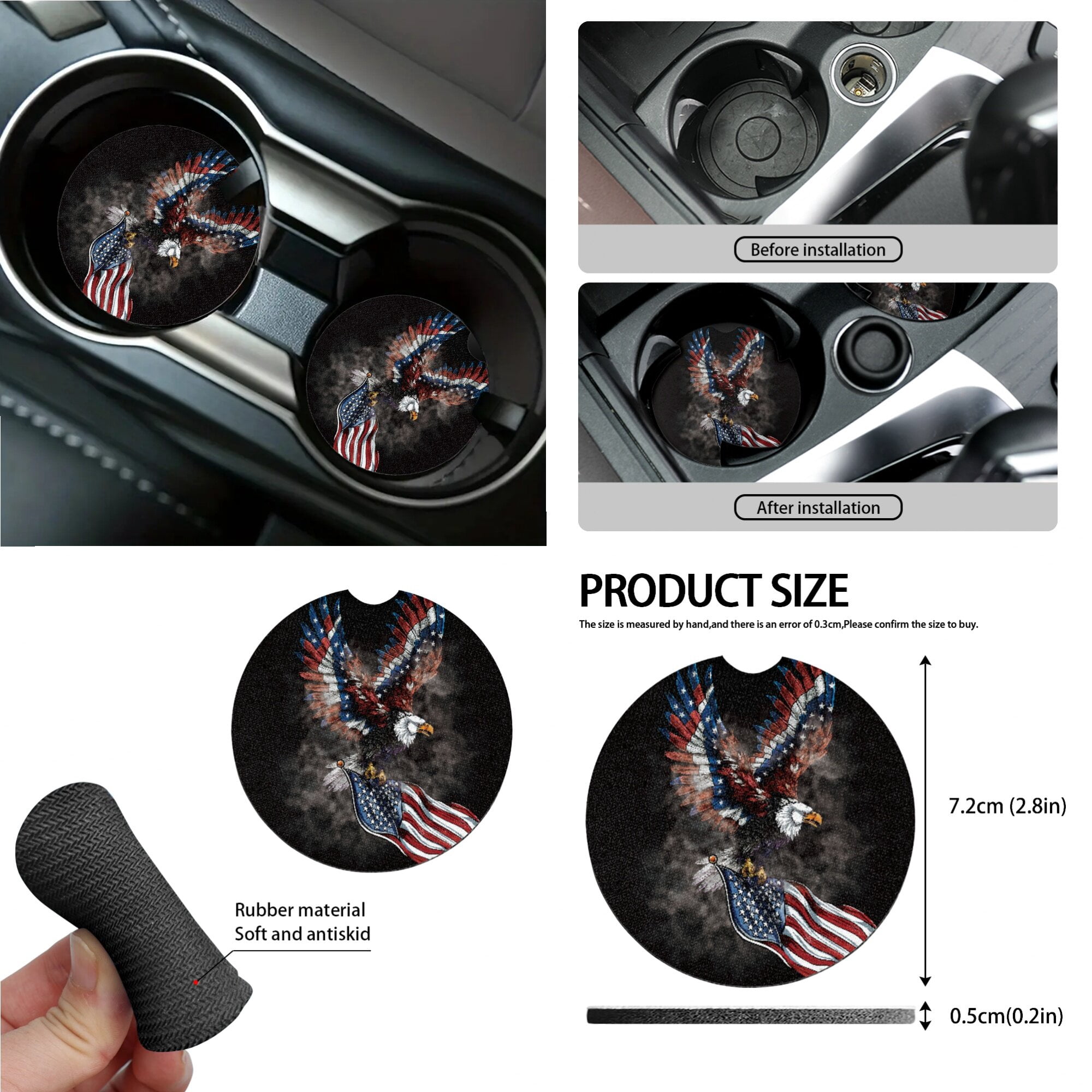 LedBack Eagle Print Car Seat Cover Set American Flag Print Steering Wheel Cover Safety Belt Pads Rear View Mirror Protector Car Air Vent Organizer Garbage Bag 4th of July Car Decor