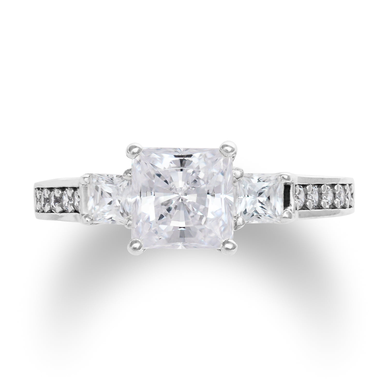 Ioka - 14K Solid White Gold 1.5 Ct. Princess Cut 3 Stone CZ Engagement Ring With Stones in Band - Size 7