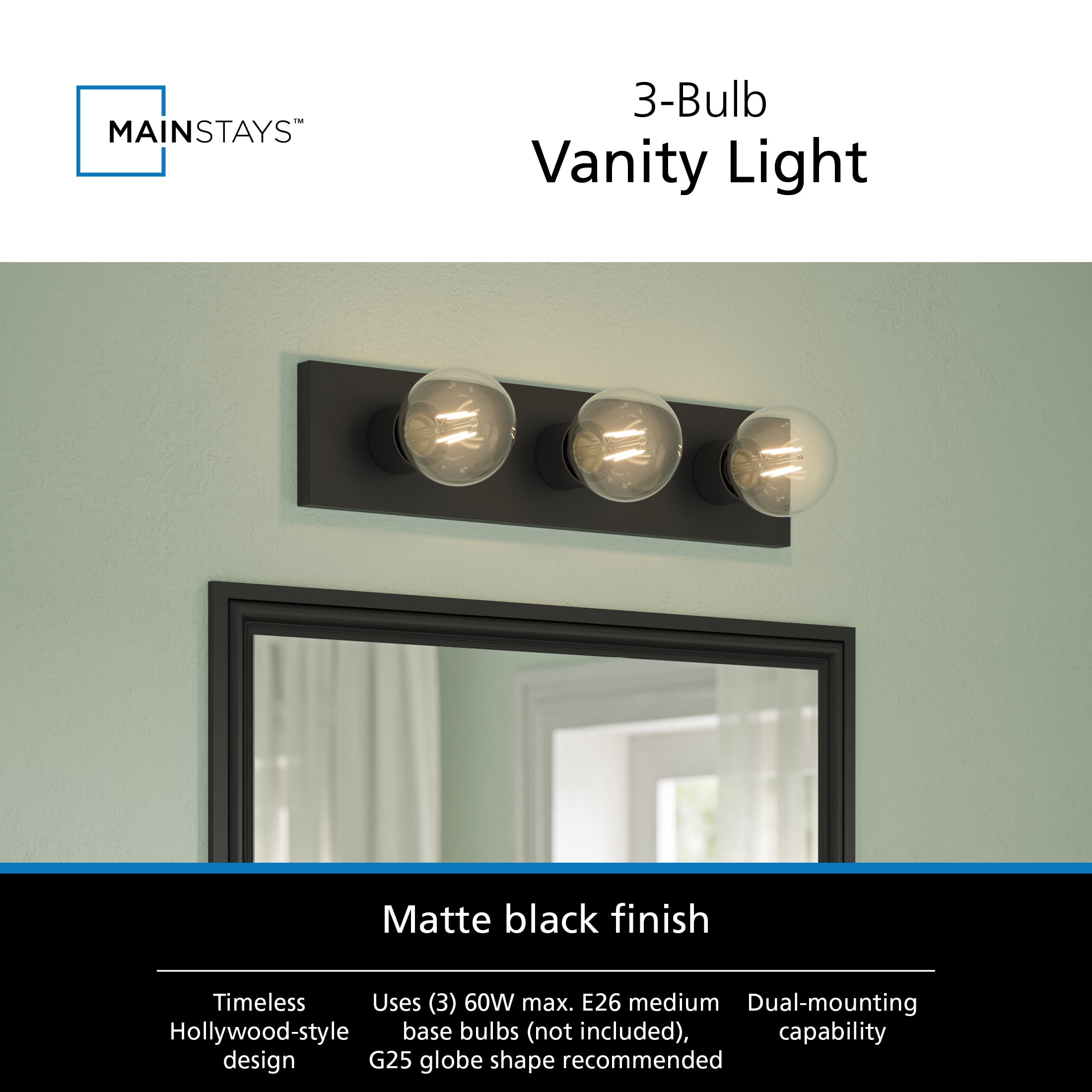Mainstays Hollywood Style 60-Watt 3-Light Matte Black Bathroom Vanity Light Fixture