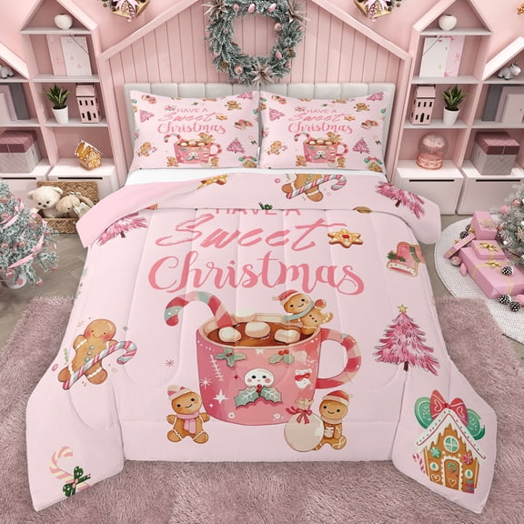 Feelyou Pink Happy Christmas Bedding Comforter Set for Kid, Kawaii Gingerbread Man Twin Comforter Sets, Coffee Dessert Reversible Bedding Set, Luxury Bedroom Decor, 2-Piece