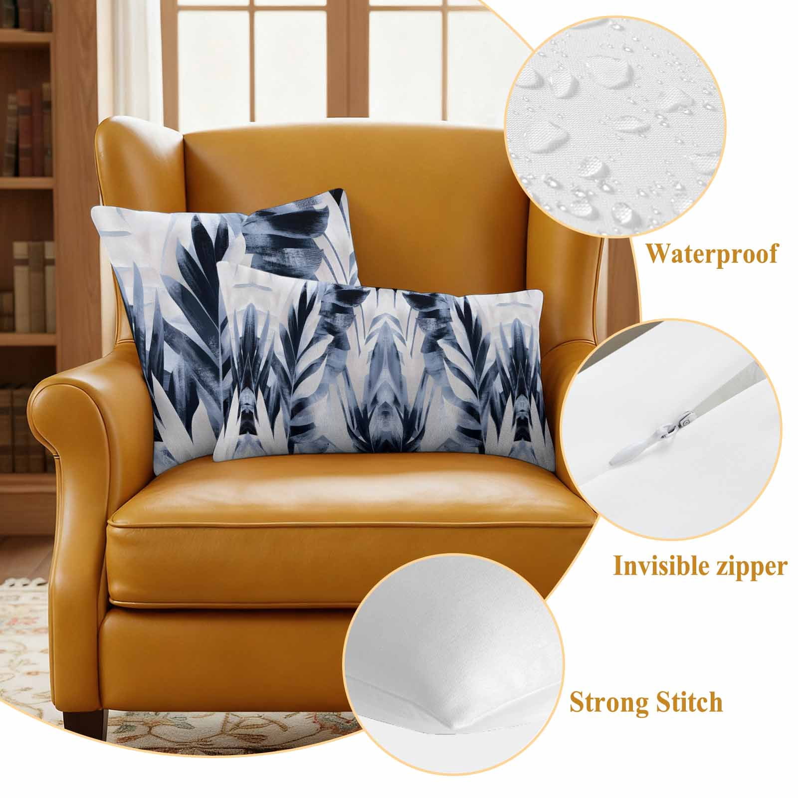 Navy Blue Palm Leaf Outdoor Waterproof Pillow Covers, Botanical Vintage Tropical Leaves Decorative Square Throw Pillowcase Sofa Cushion Sham for Patio/Couch/Chair, 20"x20" 2 Pack