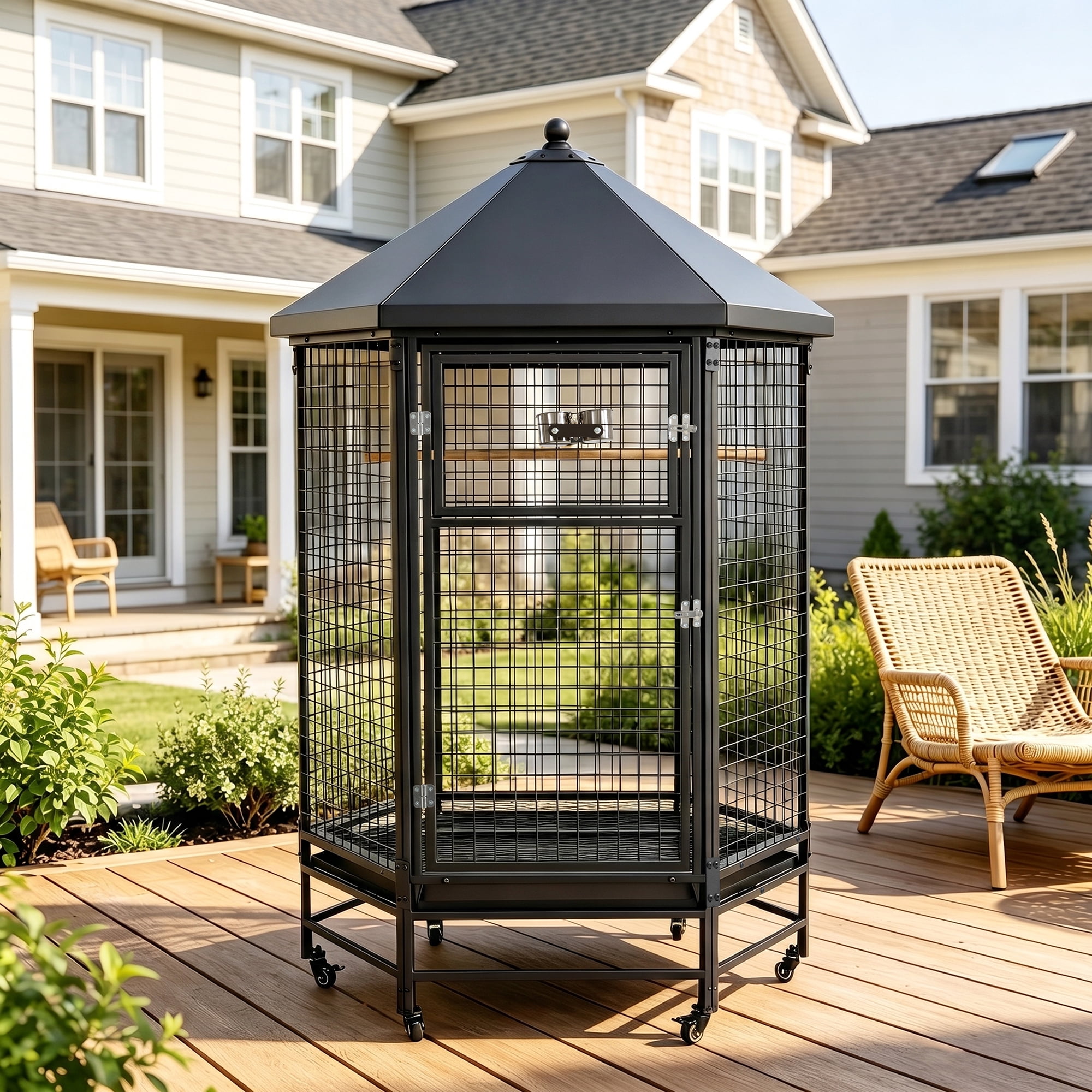 Okeysen Large 69" Hexagon Rolling Metal Bird Cage with Stand and Removable Trays