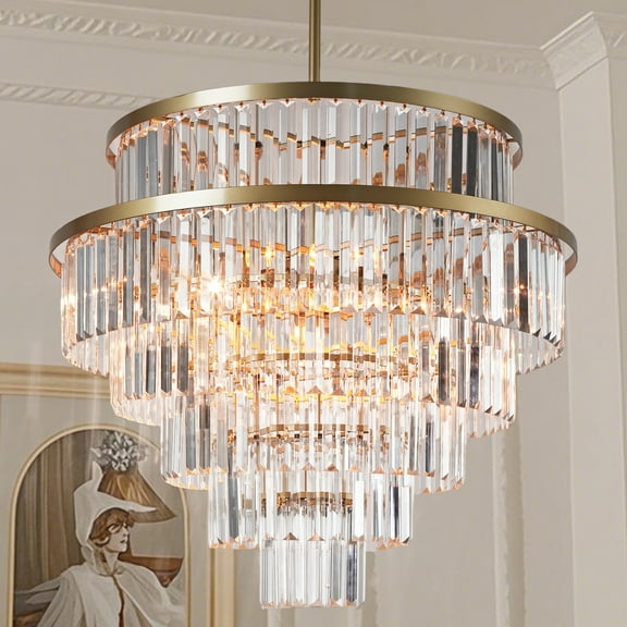 Modern Round 6-Tier Antique Brass Crystal 26 Inch Chandelier, Unique Elegant Ceiling Lamp, Hand-polished Ceiling Mounted Light, Ceiling Light for Living Room, Dining Room
