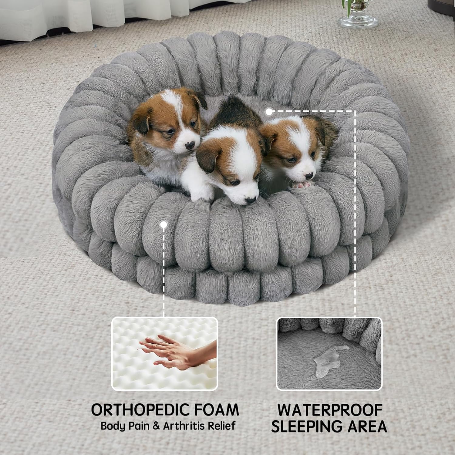 Round Donut Pet Bed 24 Inches Gray Washable Orthopedic for Small Dogs and Cats