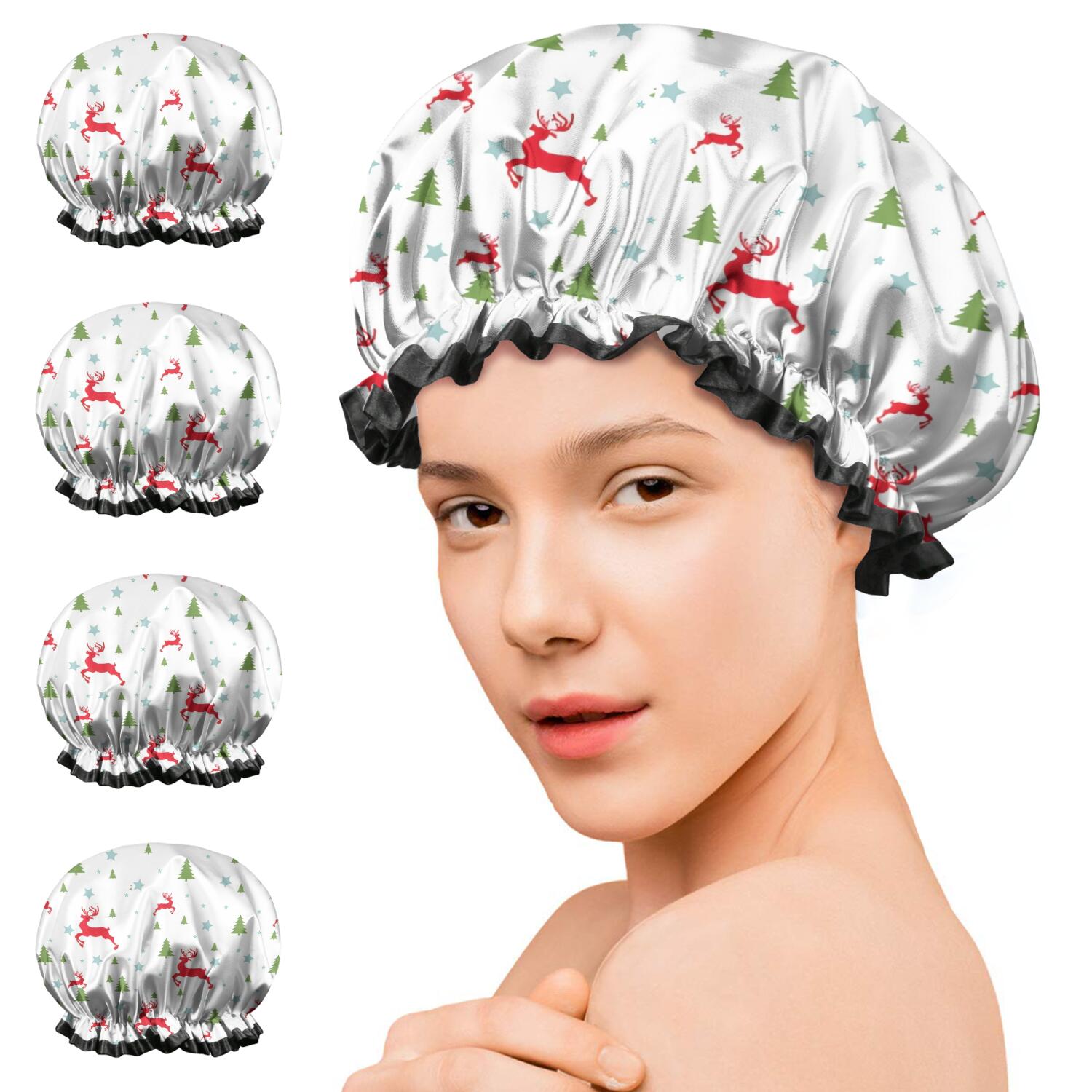Shower Caps,White Christmas Reindeer and Tree Pattern Waterproof Shower Cap for Women 4 Pieces,Double Reusable Hair Cover for Shower PEVA Elastic Stretch Hem