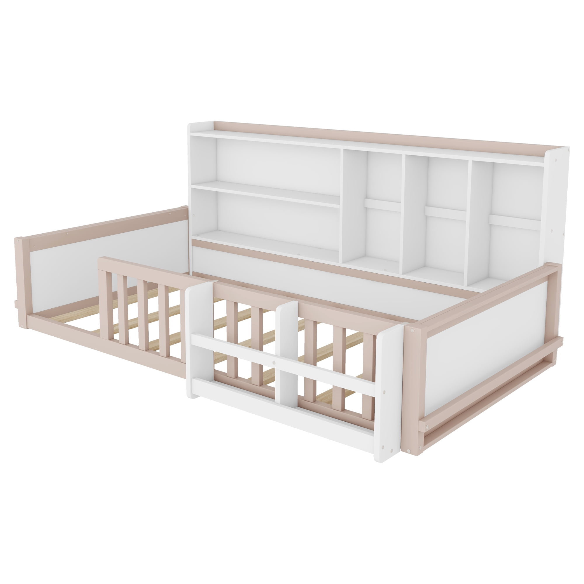 Mintazer Twin Size Montessori Floor Bed with Bookshelf & Guardrails, Kids Platform Bed Frame with Storage Cubbies for Bedroom, White & Natural