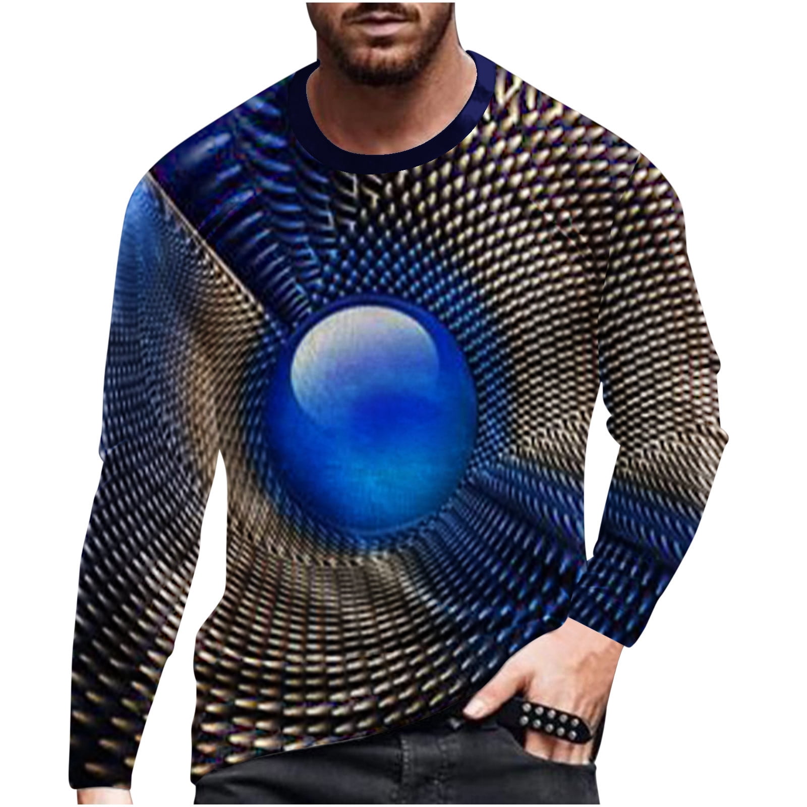 jsaierl Long Sleeve Shirts for Men 3D Optical Illusion Graphic Tee Street  Fashion Crew Neck Tops Novelty Designer T Shirts 