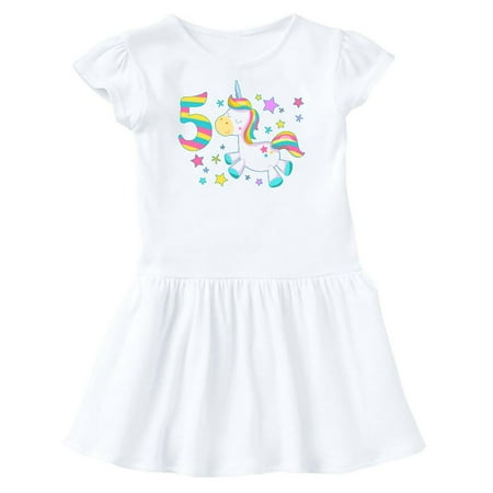 

Inktastic Fifth Birthday Rainbow Unicorn Plush and Stars Gift Toddler Girl Dress