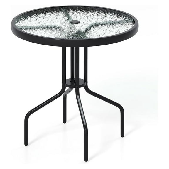 HYYOP 27.5 Inches Patio Round Glass Dining Table with 1.57" Umbrella Hole, Heavy-Duty Metal Frame, Outdoor Side Table for Garden, Backyard, Poolside, Porch