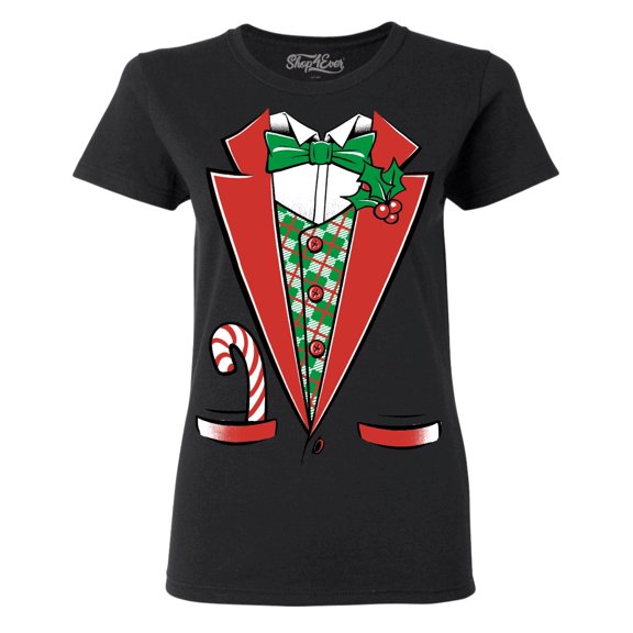 Shop4Ever Women's Christmas Tuxedo Costume with Plaid Vest Graphic T-Shirt Large Black